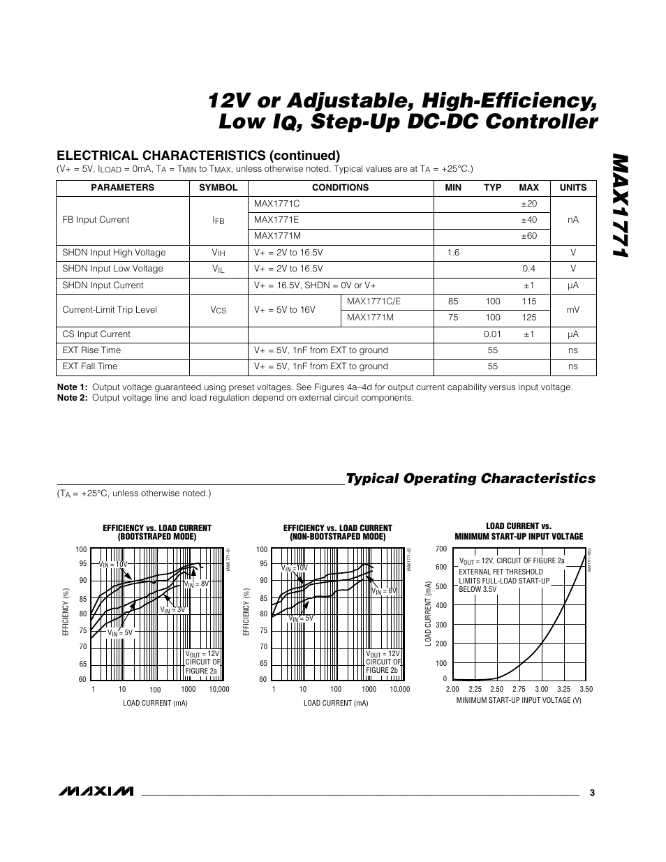 Step-up dc-dc controller, Typical operating characteristics, Electrical characteristics (continued) | Rainbow Electronics MAX1771 User Manual | Page 3 / 16