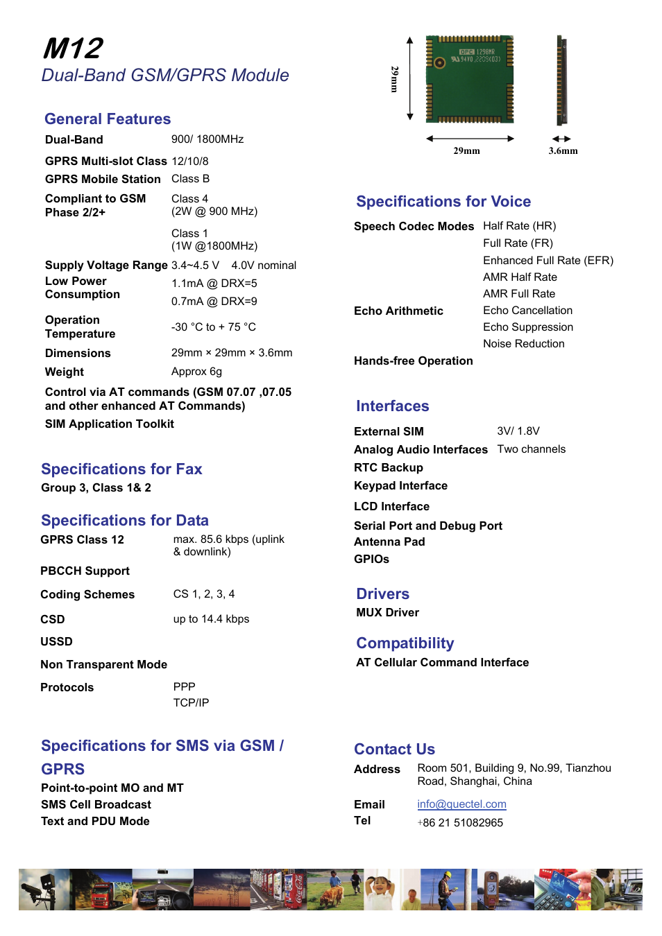 Dual-band gsm/gprs module, Specifications for fax, Specifications for data | Specifications for sms via gsm / gprs, General features, Specifications for voice, Drivers, Compatibility, Interfaces, Contact us | Rainbow Electronics M12 User Manual | Page 2 / 2