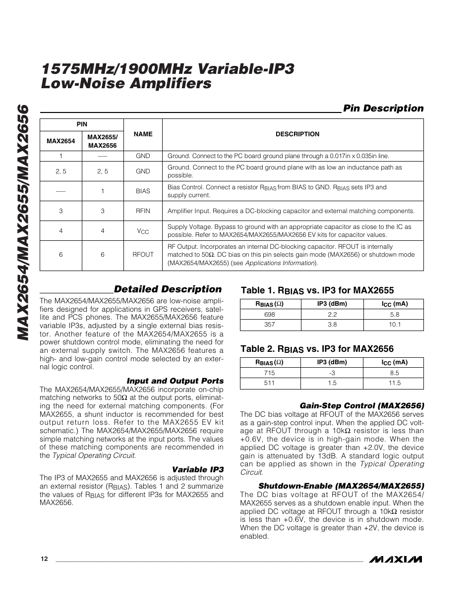 Detailed description, Pin description, Table 1. r | Table 2. r | Rainbow Electronics MAX2656 User Manual | Page 12 / 14