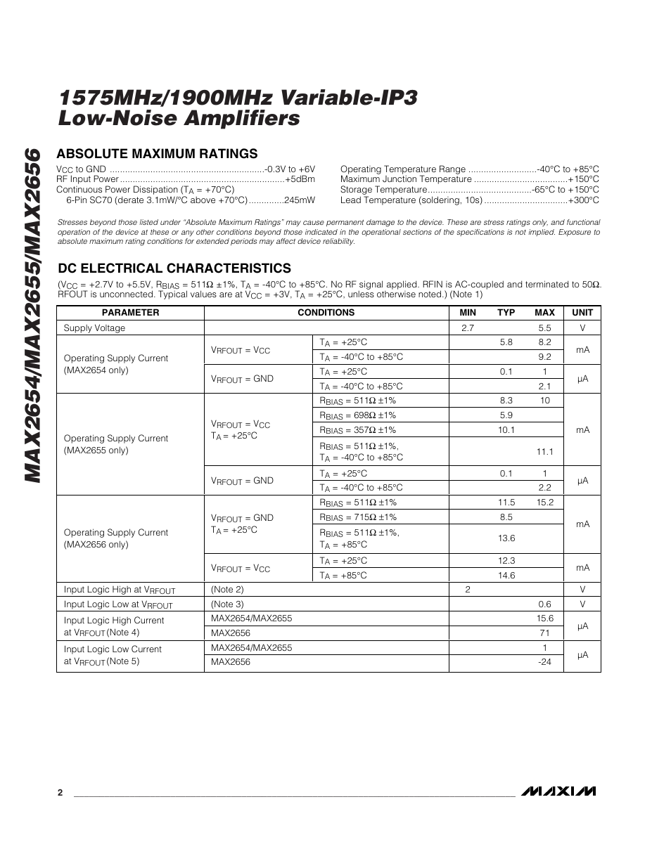 Absolute maximum ratings, Dc electrical characteristics | Rainbow Electronics MAX2656 User Manual | Page 2 / 14