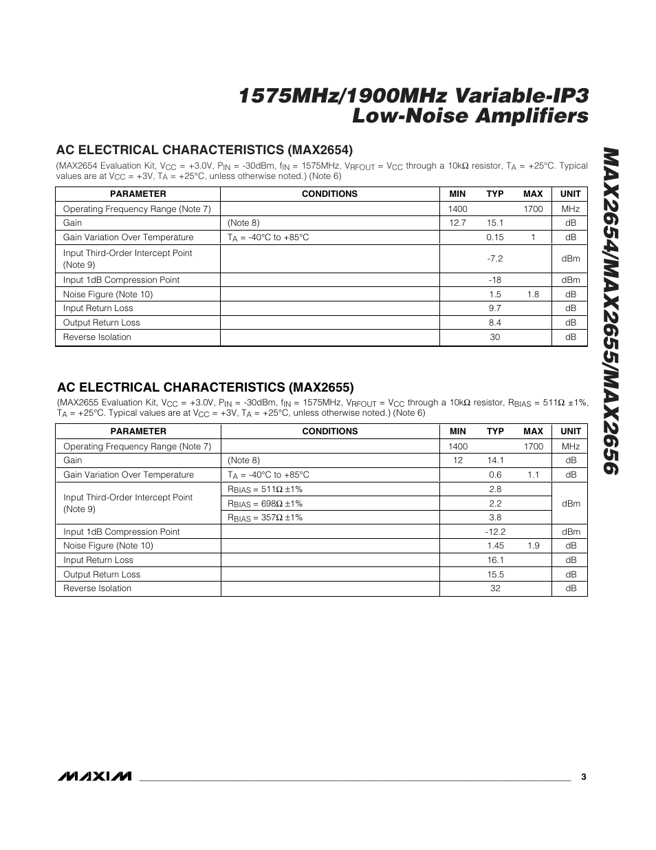 Ac electrical characteristics (max2654), Ac electrical characteristics (max2655) | Rainbow Electronics MAX2656 User Manual | Page 3 / 14