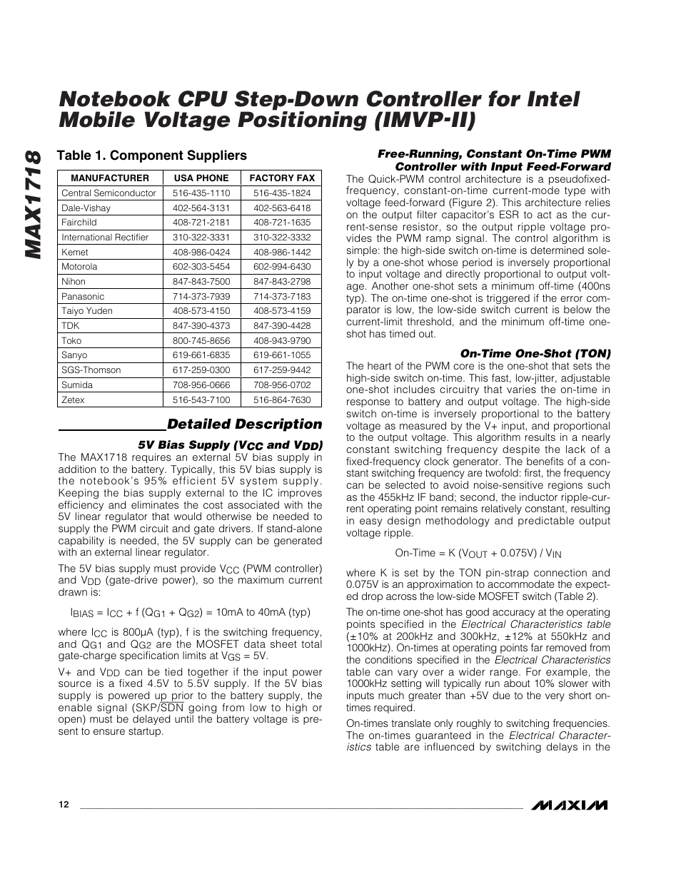 Detailed description, Table 1. component suppliers | Rainbow Electronics MAX1718 User Manual | Page 12 / 35