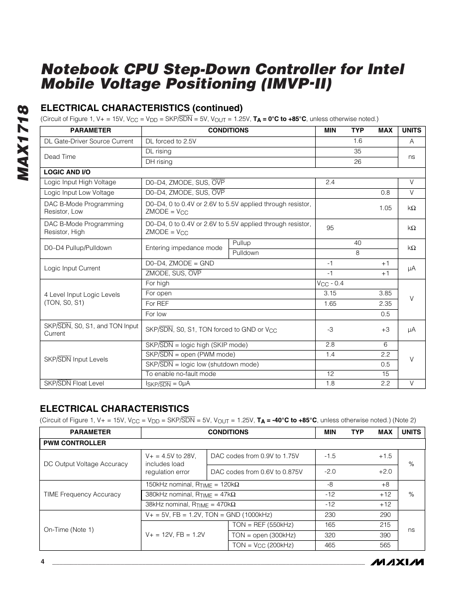 Electrical characteristics, Electrical characteristics (continued) | Rainbow Electronics MAX1718 User Manual | Page 4 / 35