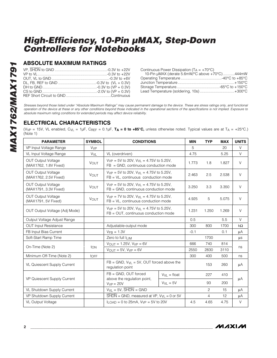 Absolute maximum ratings, Electrical characteristics | Rainbow Electronics MAX1791 User Manual | Page 2 / 20