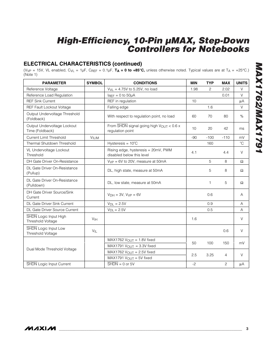 Electrical characteristics (continued) | Rainbow Electronics MAX1791 User Manual | Page 3 / 20