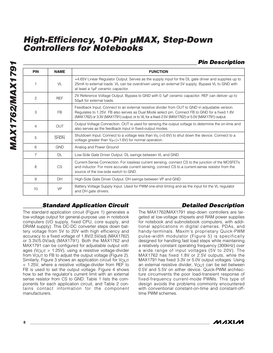 Standard application circuit, Detailed description, Pin description | Rainbow Electronics MAX1791 User Manual | Page 8 / 20