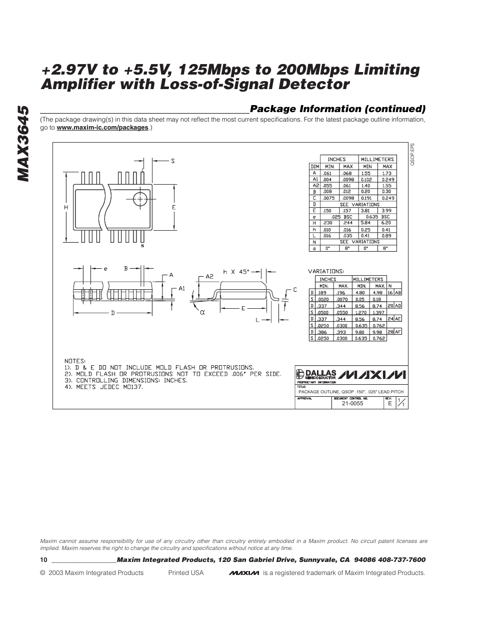 Package information (continued) | Rainbow Electronics MAX3645 User Manual | Page 10 / 10
