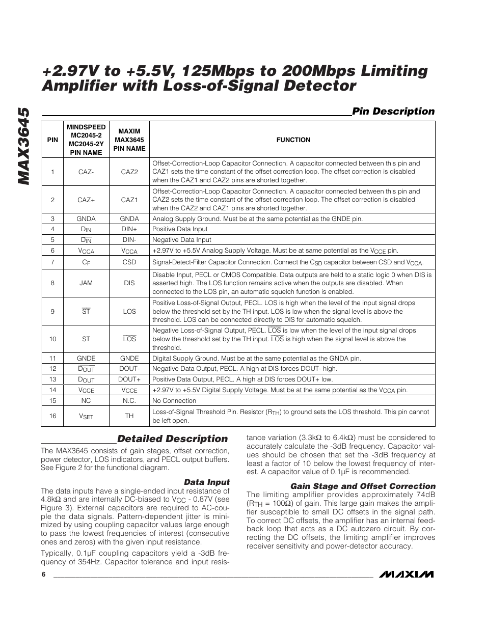 Max3645, Detailed description, Pin description | Rainbow Electronics MAX3645 User Manual | Page 6 / 10
