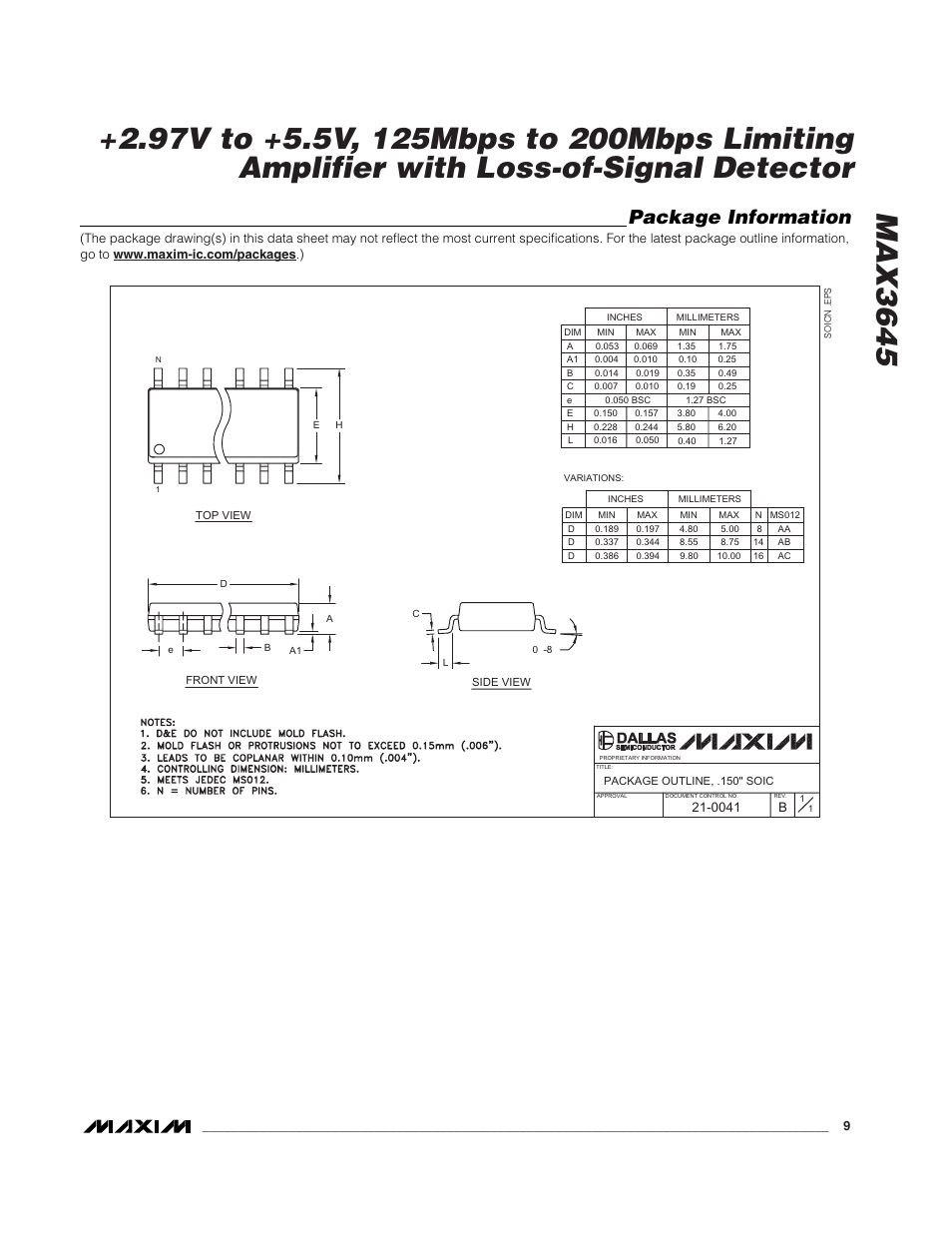 Package information | Rainbow Electronics MAX3645 User Manual | Page 9 / 10