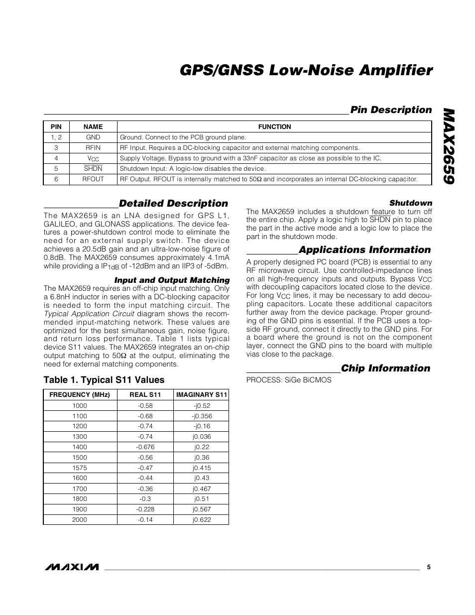 Max2659 gps/gnss low-noise amplifier, Detailed description, Applications information | Chip information, Pin description, Table 1. typical s11 values | Rainbow Electronics MAX2659 User Manual | Page 5 / 7