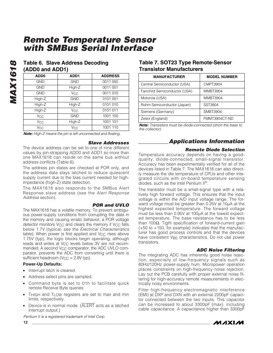 Applications information, Table 6. slave address decoding (add0 and add1) | Rainbow Electronics MAX1618 User Manual | Page 12 / 18