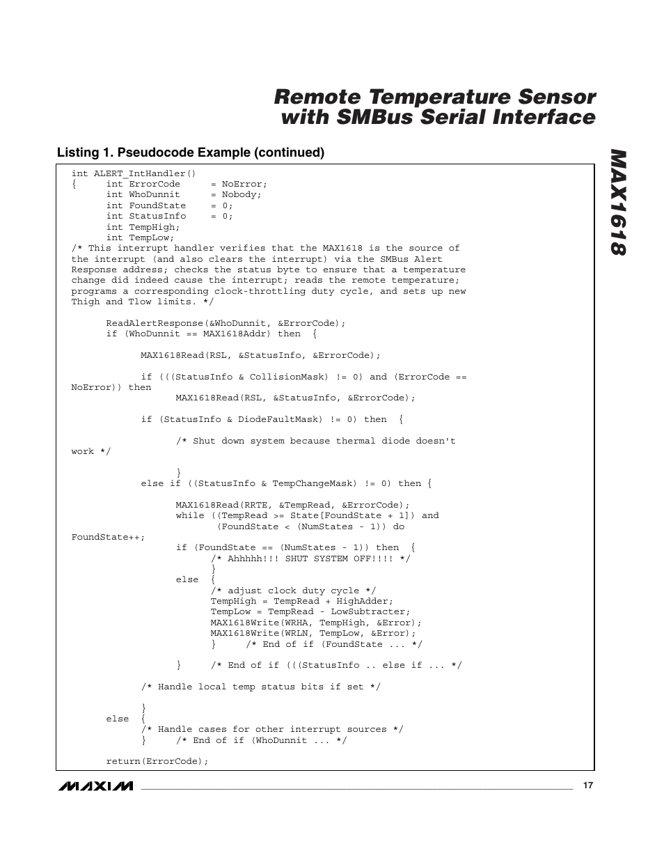 Listing 1. pseudocode example (continued) | Rainbow Electronics MAX1618 User Manual | Page 17 / 18