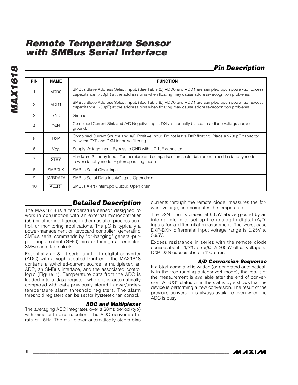 Pin description detailed description | Rainbow Electronics MAX1618 User Manual | Page 6 / 18