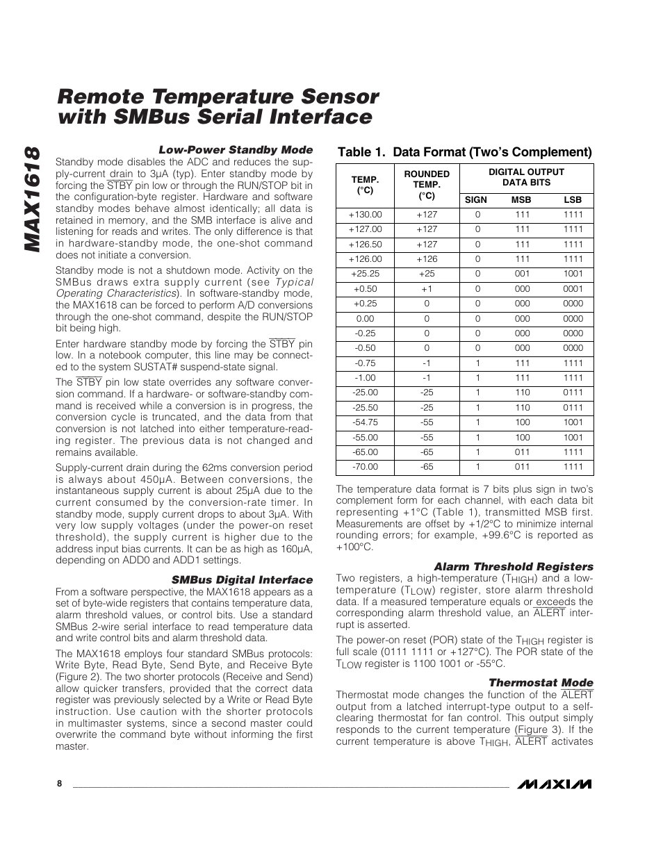 Table 1. data format (two’s complement) | Rainbow Electronics MAX1618 User Manual | Page 8 / 18