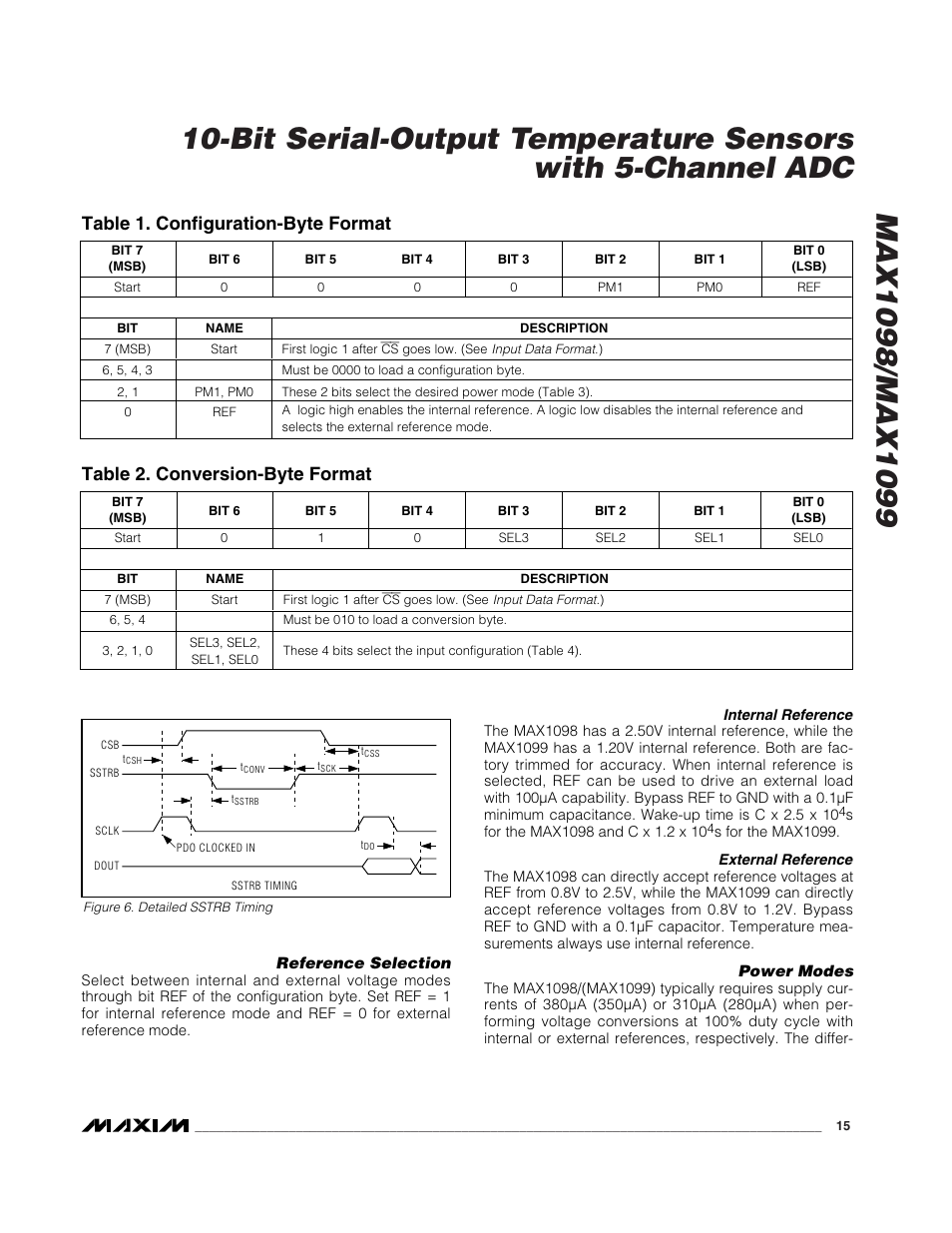 Table 1. configuration-byte format, Table 2. conversion-byte format | Rainbow Electronics MAX1099 User Manual | Page 15 / 20