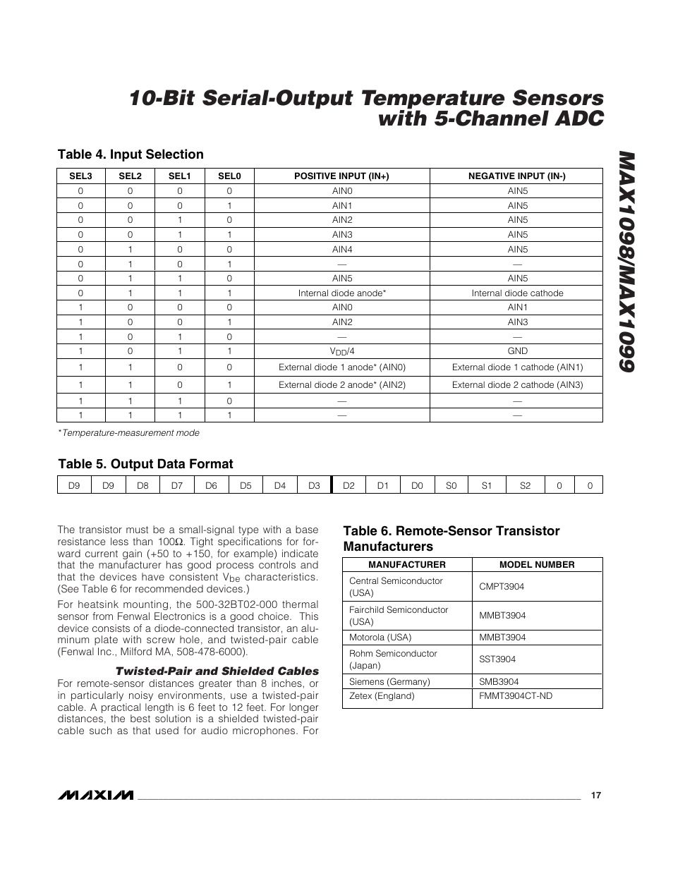 Table 5. output data format | Rainbow Electronics MAX1099 User Manual | Page 17 / 20