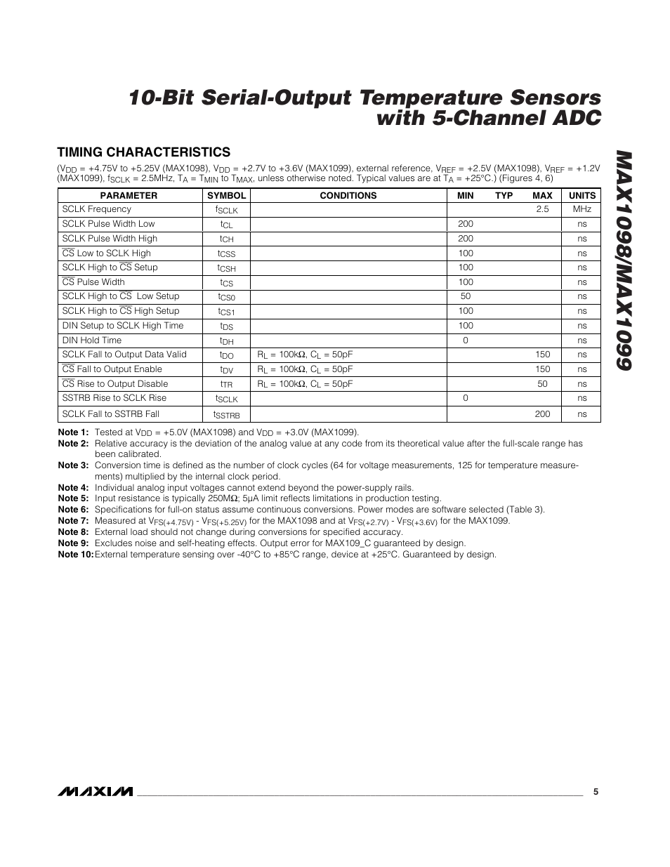 Timing characteristics | Rainbow Electronics MAX1099 User Manual | Page 5 / 20
