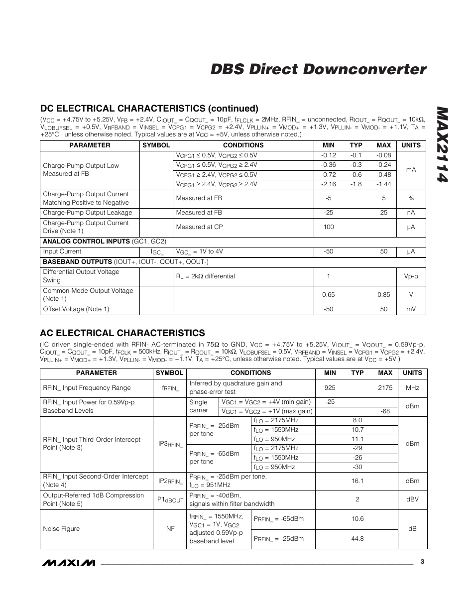 Max2114 dbs direct downconverter, Dc electrical characteristics (continued), Ac electrical characteristics | Rainbow Electronics MAX2114 User Manual | Page 3 / 8