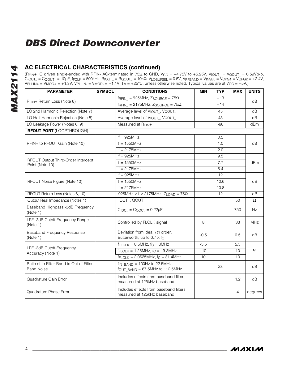 Max2114 dbs direct downconverter, Ac electrical characteristics (continued) | Rainbow Electronics MAX2114 User Manual | Page 4 / 8