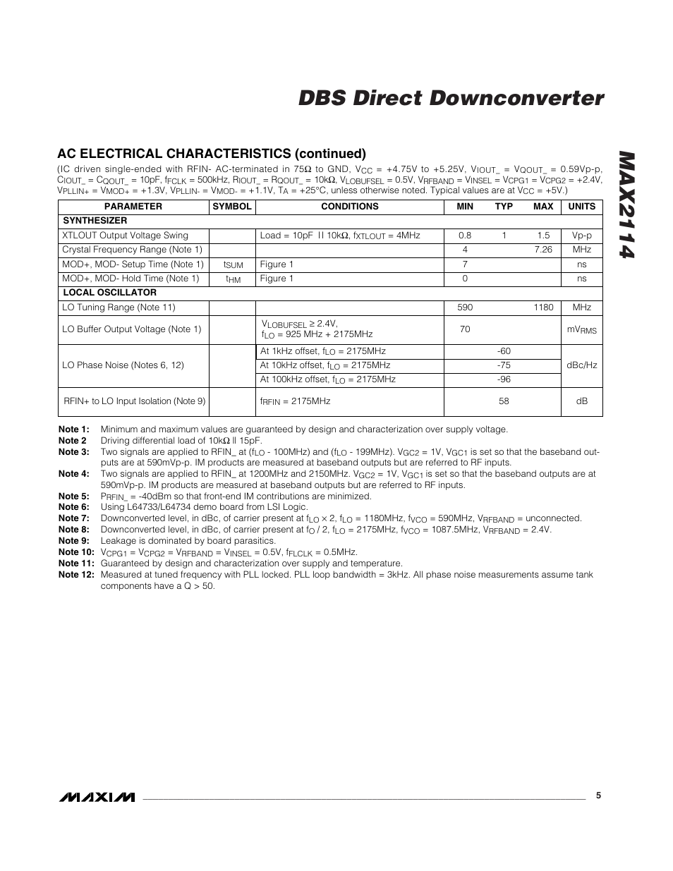 Max2114 dbs direct downconverter, Ac electrical characteristics (continued) | Rainbow Electronics MAX2114 User Manual | Page 5 / 8