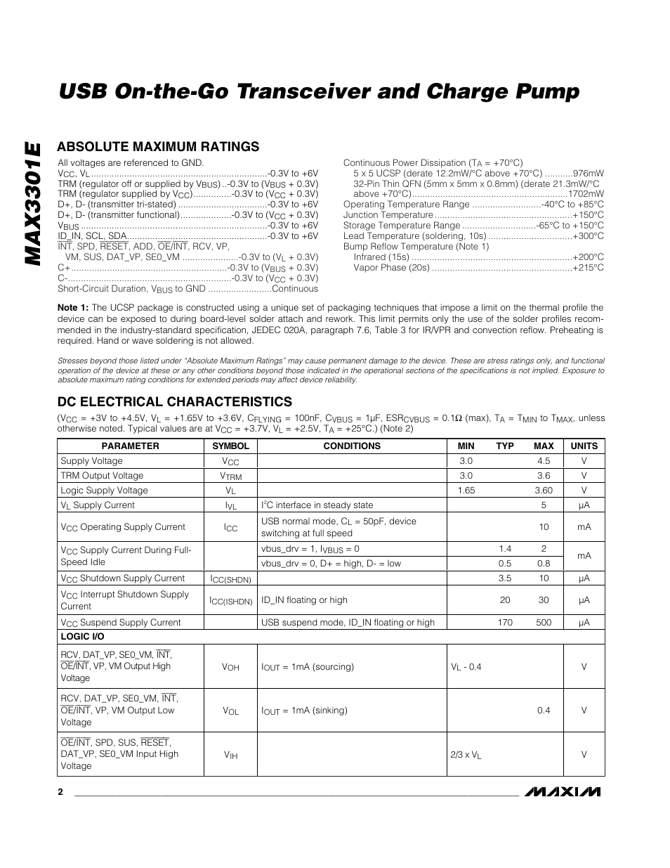 Max3301e usb on-the-go transceiver and charge pump | Rainbow Electronics MAX3301E User Manual | Page 2 / 33