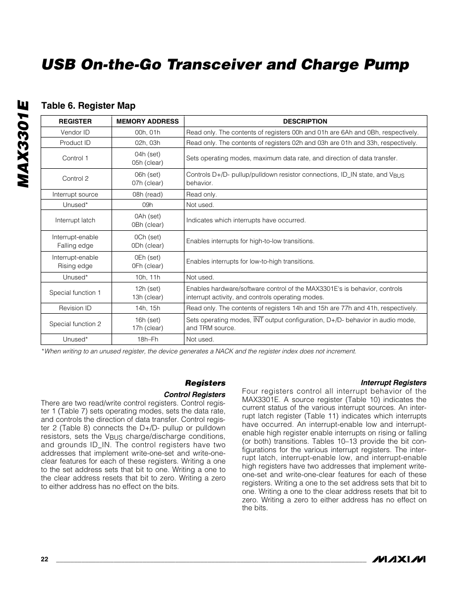 Max3301e usb on-the-go transceiver and charge pump, Table 6. register map | Rainbow Electronics MAX3301E User Manual | Page 22 / 33