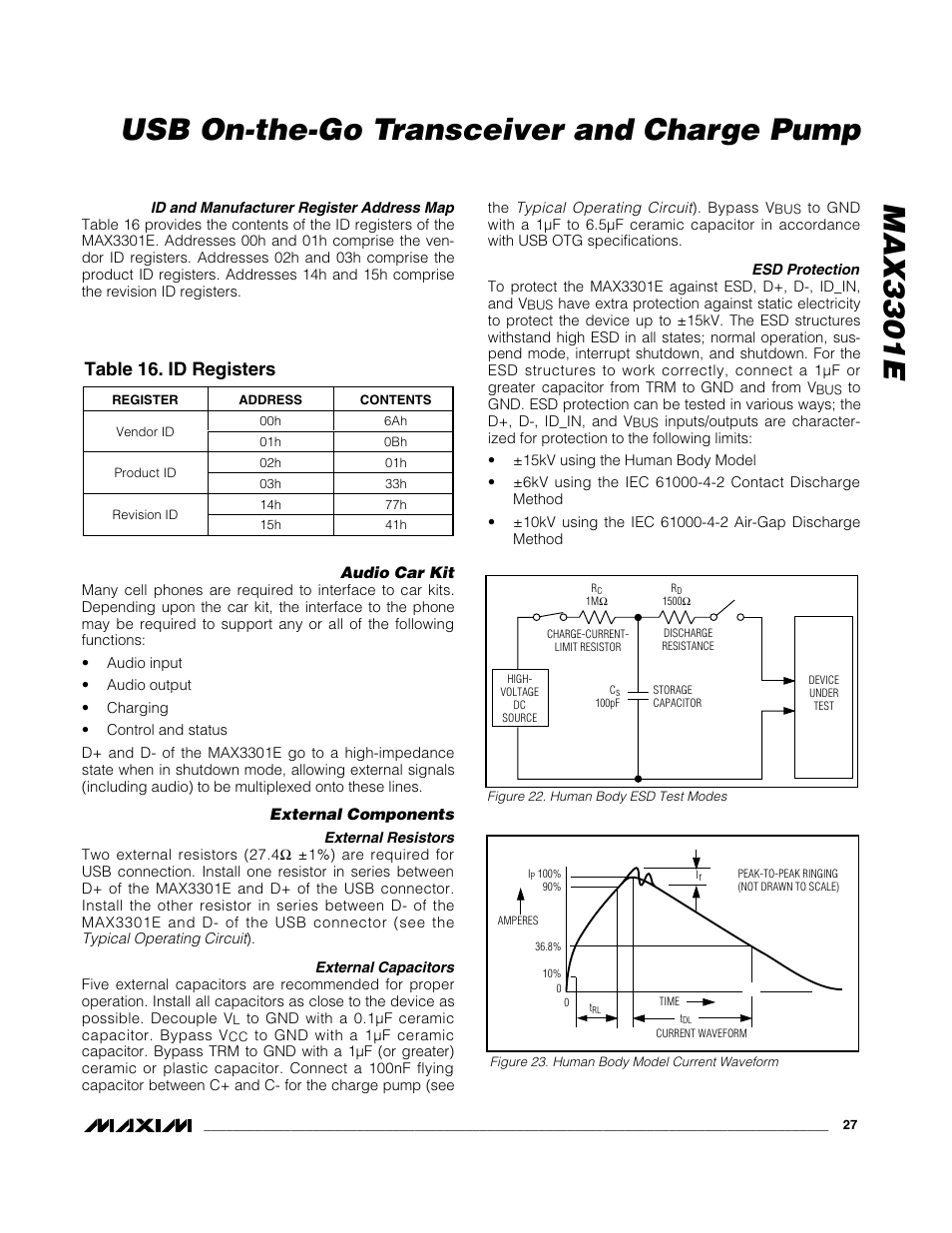 Max3301e usb on-the-go transceiver and charge pump, Table 16. id registers | Rainbow Electronics MAX3301E User Manual | Page 27 / 33
