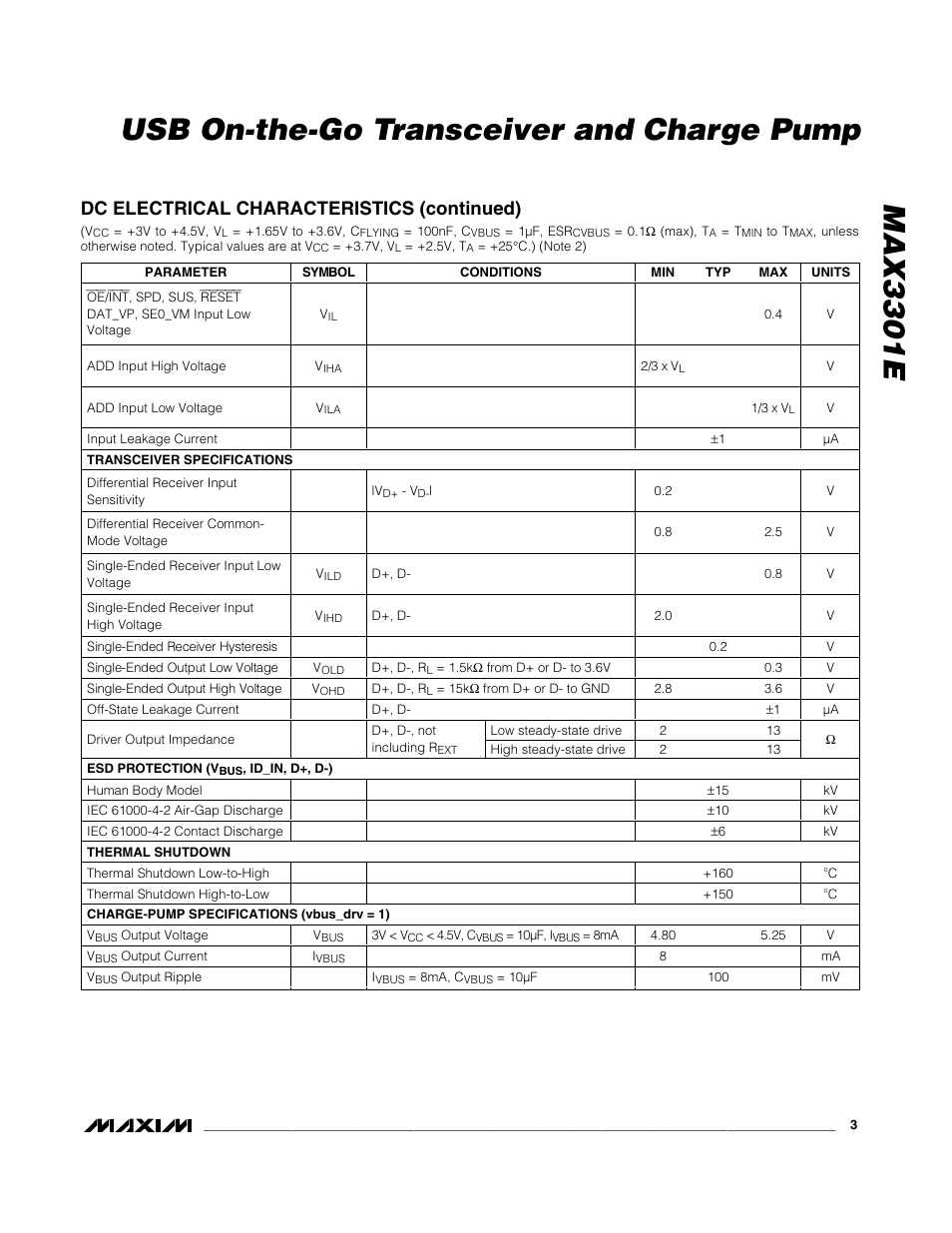 Max3301e usb on-the-go transceiver and charge pump, Dc electrical characteristics (continued) | Rainbow Electronics MAX3301E User Manual | Page 3 / 33