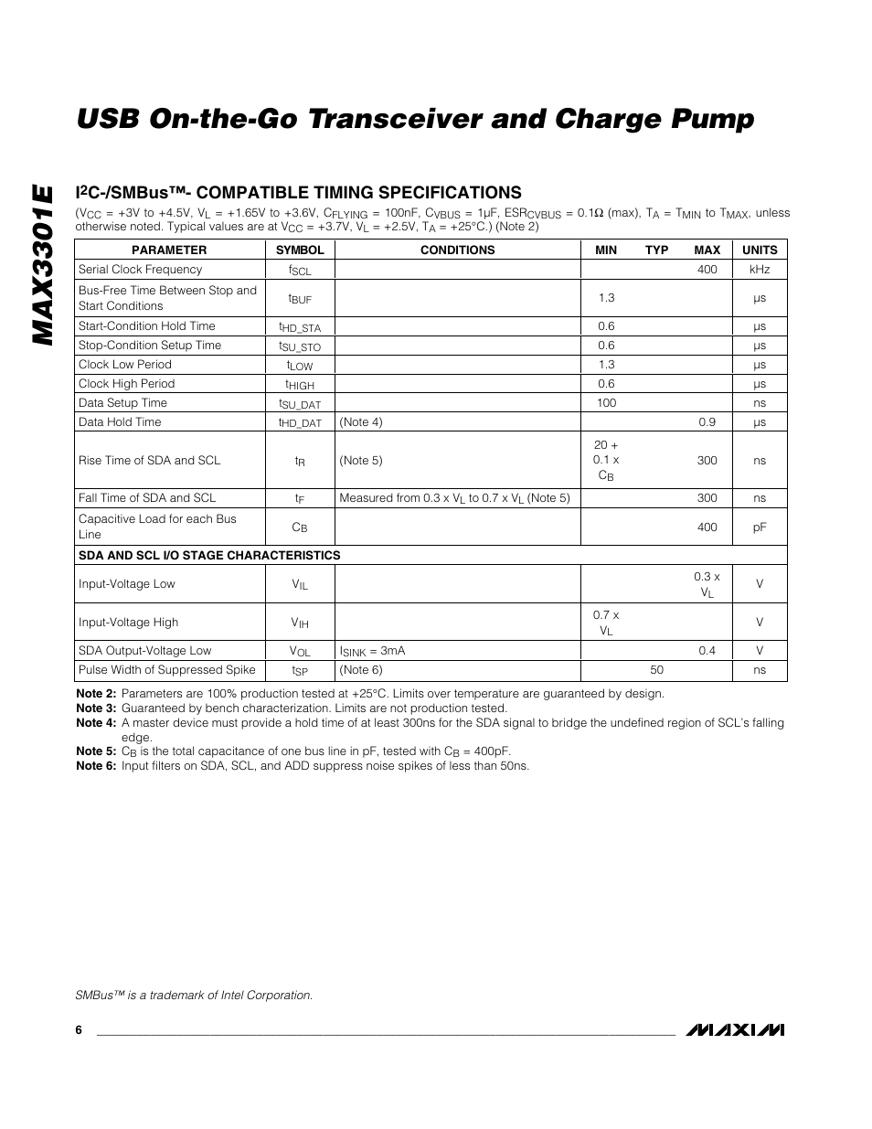 Max3301e usb on-the-go transceiver and charge pump, C-/smbus™- compatible timing specifications | Rainbow Electronics MAX3301E User Manual | Page 6 / 33
