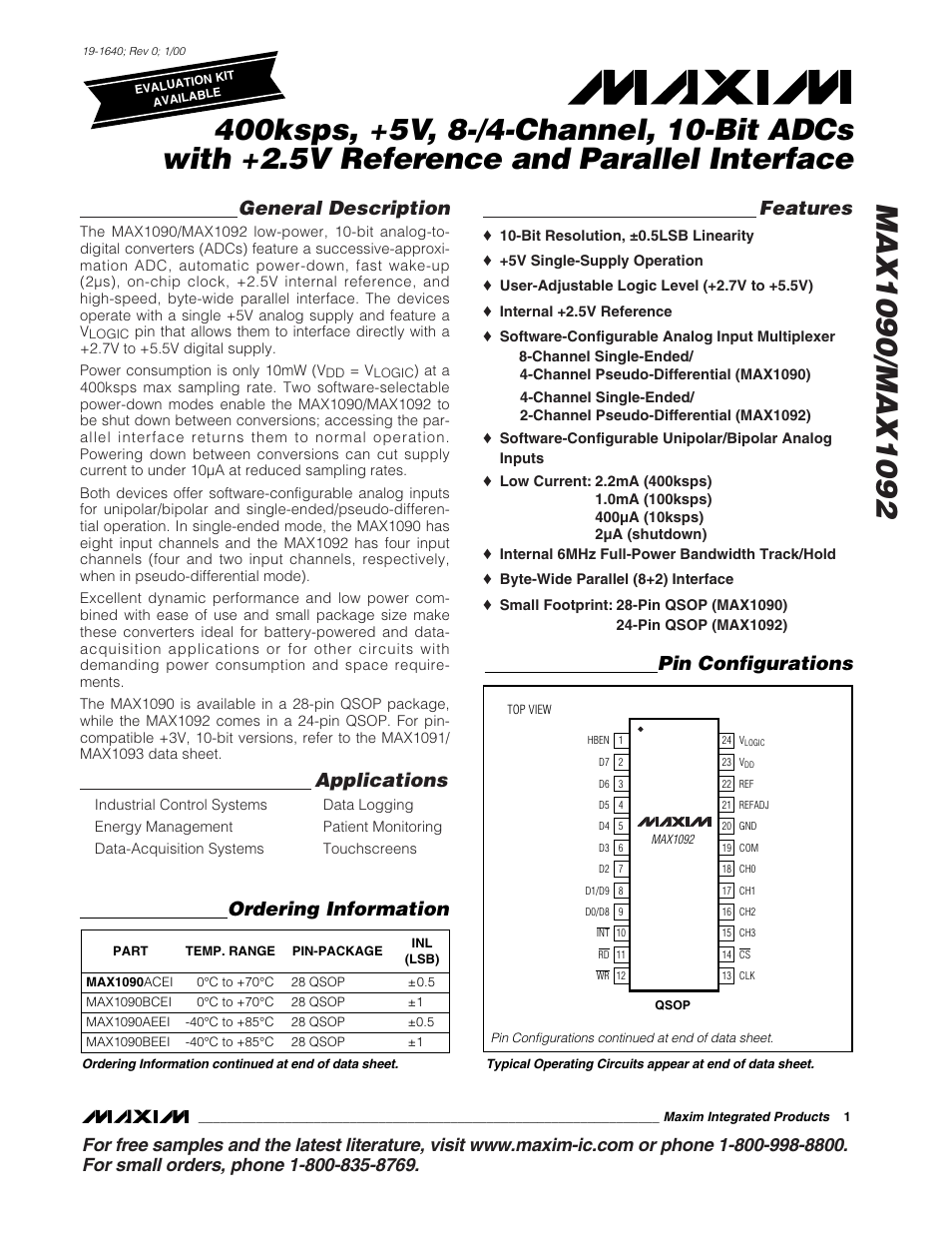 Rainbow Electronics MAX1092 User Manual | 20 pages