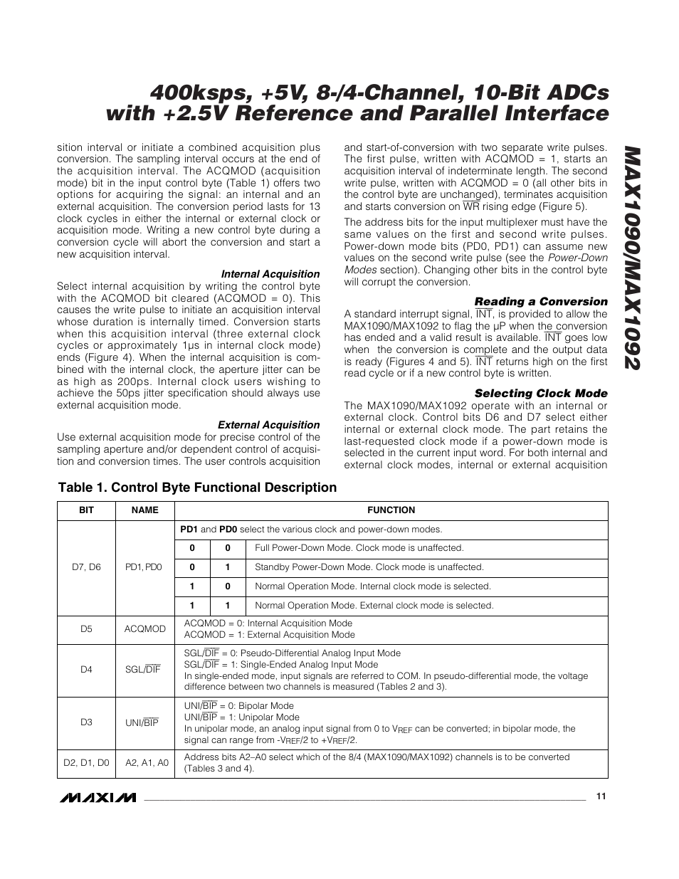 Table 1. control byte functional description | Rainbow Electronics MAX1092 User Manual | Page 11 / 20