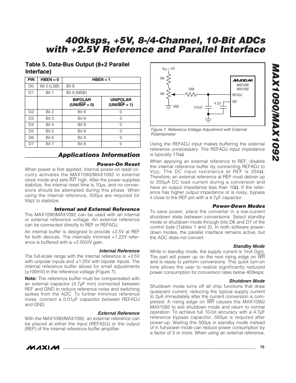 Applications information, Table 5. data-bus output (8+2 parallel interface) | Rainbow Electronics MAX1092 User Manual | Page 15 / 20