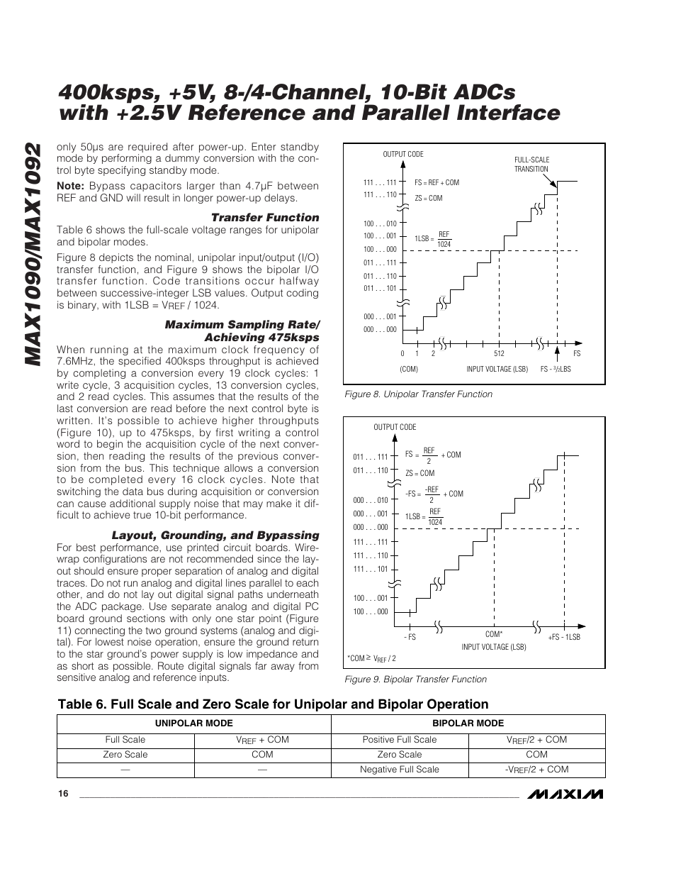 Transfer function, Maximum sampling rate/ achieving 475ksps, Layout, grounding, and bypassing | Rainbow Electronics MAX1092 User Manual | Page 16 / 20