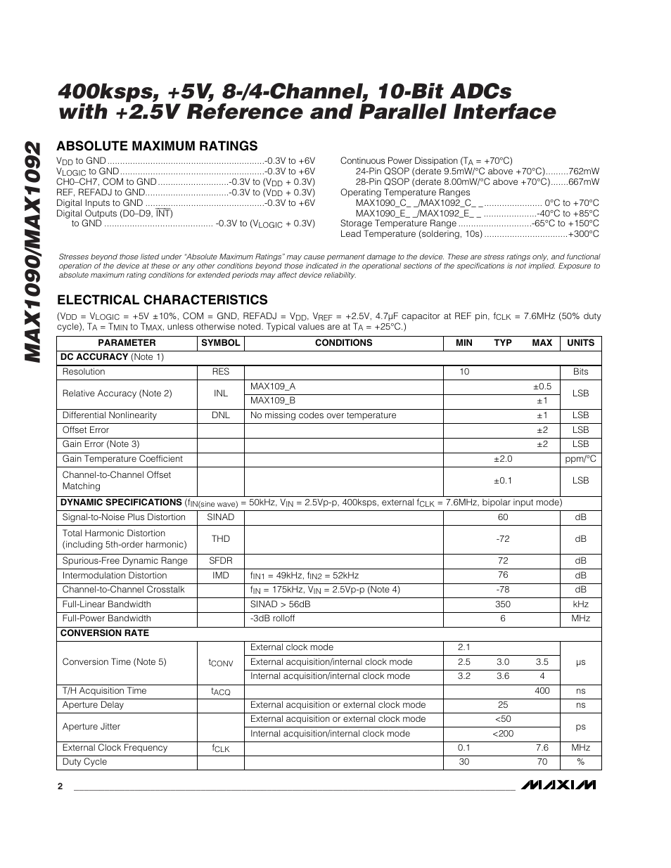 Rainbow Electronics MAX1092 User Manual | Page 2 / 20
