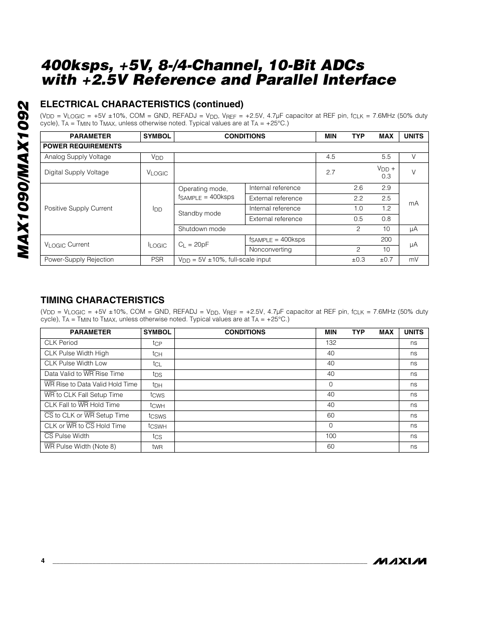 Timing characteristics, Electrical characteristics (continued) | Rainbow Electronics MAX1092 User Manual | Page 4 / 20