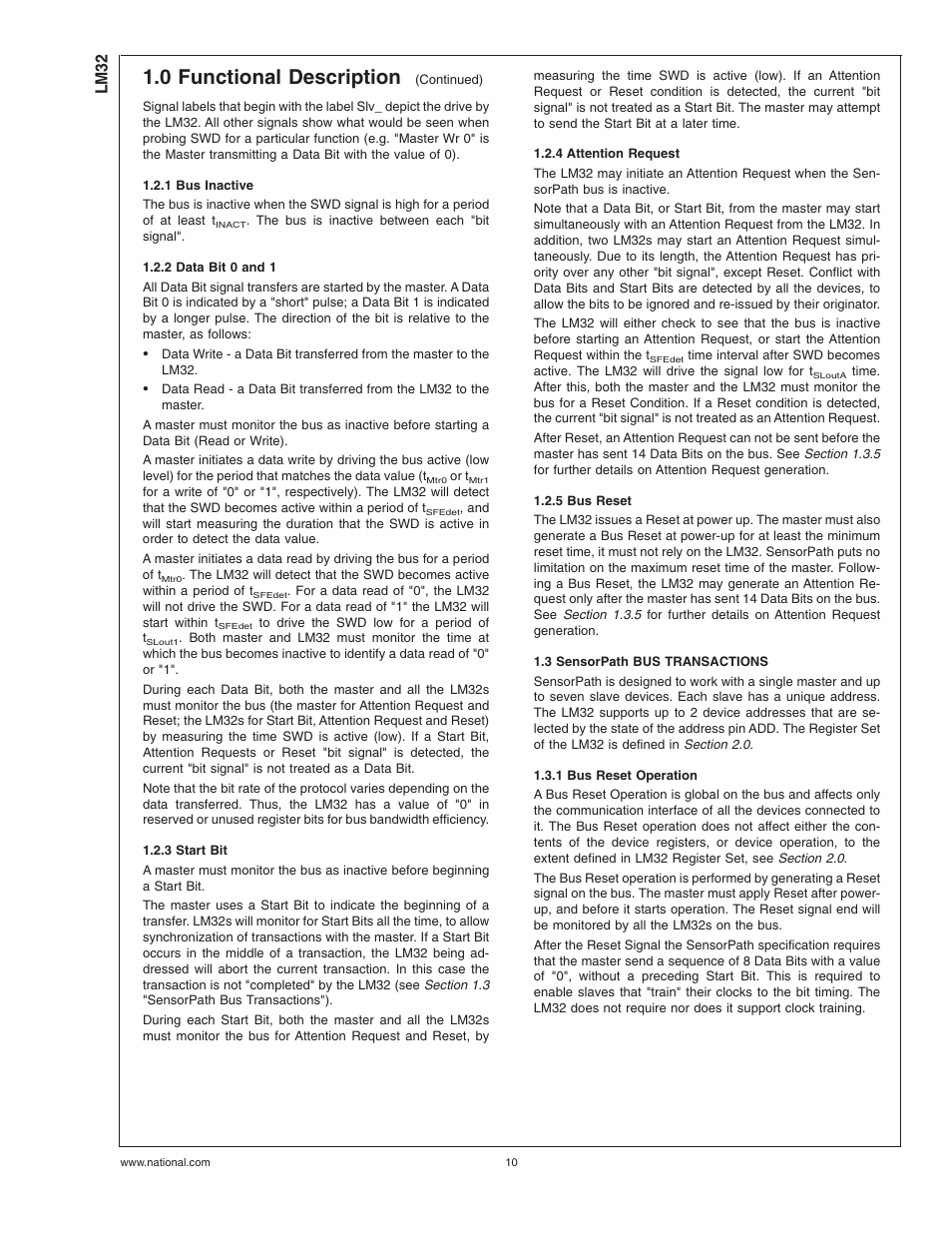 1 bus inactive, 2 data bit 0 and 1, 3 start bit | 4 attention request, 5 bus reset, 3 sensorpath bus transactions, 1 bus reset operation, 0 functional description, Lm32 | Rainbow Electronics LM32 User Manual | Page 10 / 24