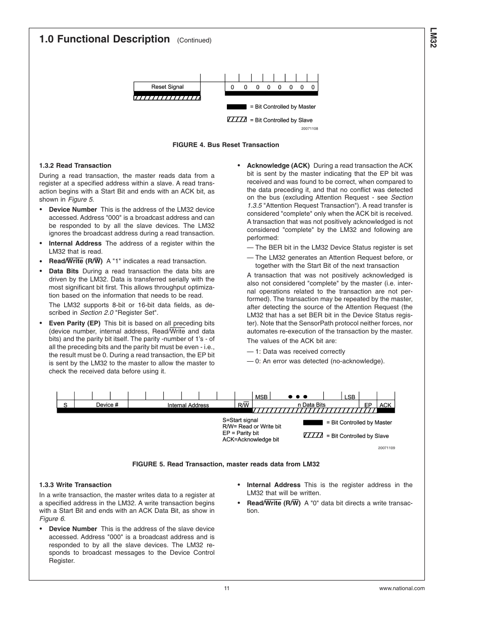 Figure 4. bus reset transaction, 2 read transaction, 3 write transaction | 0 functional description | Rainbow Electronics LM32 User Manual | Page 11 / 24