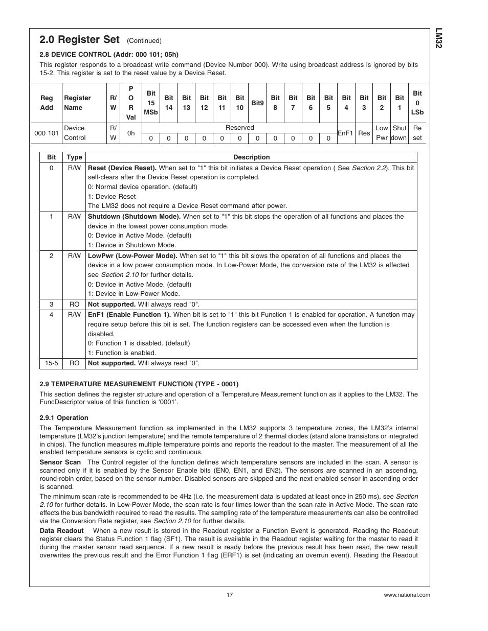 8 device control (addr: 000 101; 05h), 9 temperature measurement function (type - 0001), 1 operation | 0 register set | Rainbow Electronics LM32 User Manual | Page 17 / 24