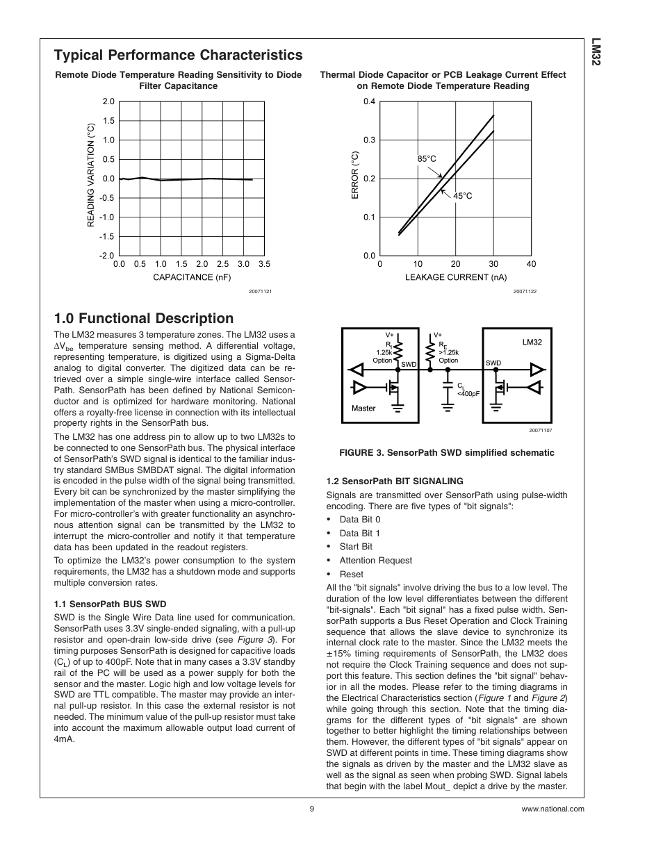 Typical performance characteristics, 0 functional description, 1 sensorpath bus swd | Figure 3. sensorpath swd simplified schematic, 2 sensorpath bit signaling | Rainbow Electronics LM32 User Manual | Page 9 / 24