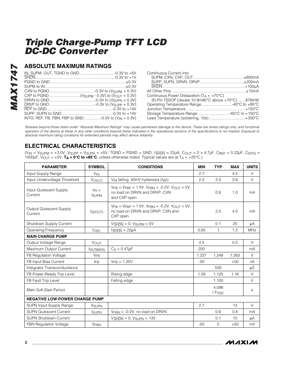 Max1747 triple charge-pump tft lcd dc-dc converter | Rainbow Electronics MAX1747 User Manual | Page 2 / 13