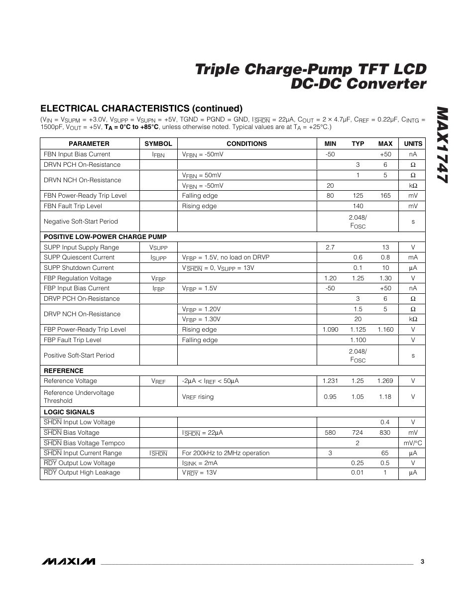 Max1747 triple charge-pump tft lcd dc-dc converter, Electrical characteristics (continued) | Rainbow Electronics MAX1747 User Manual | Page 3 / 13