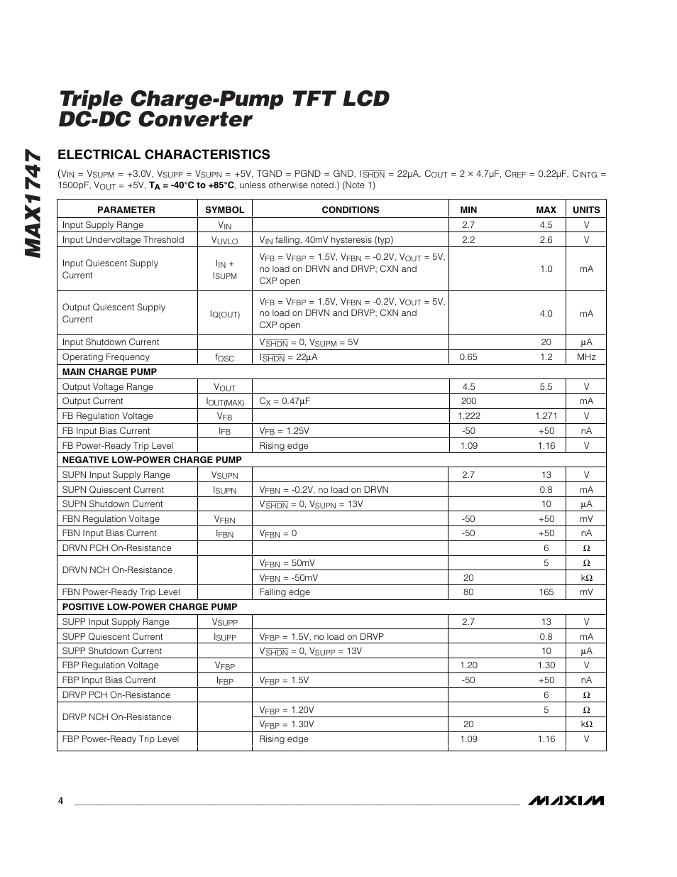 Max1747 triple charge-pump tft lcd dc-dc converter, Electrical characteristics | Rainbow Electronics MAX1747 User Manual | Page 4 / 13