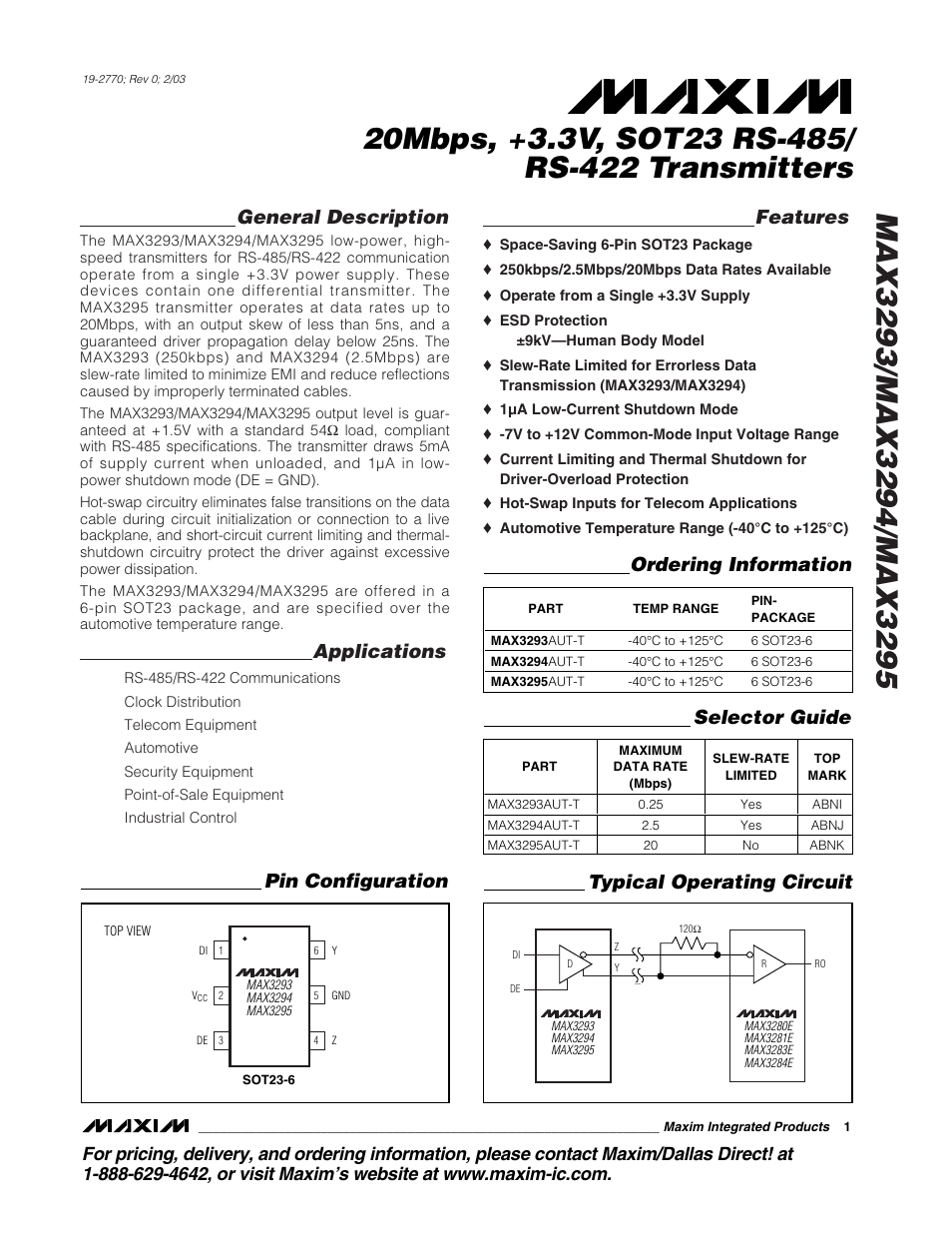 Rainbow Electronics MAX3295 User Manual | 11 pages