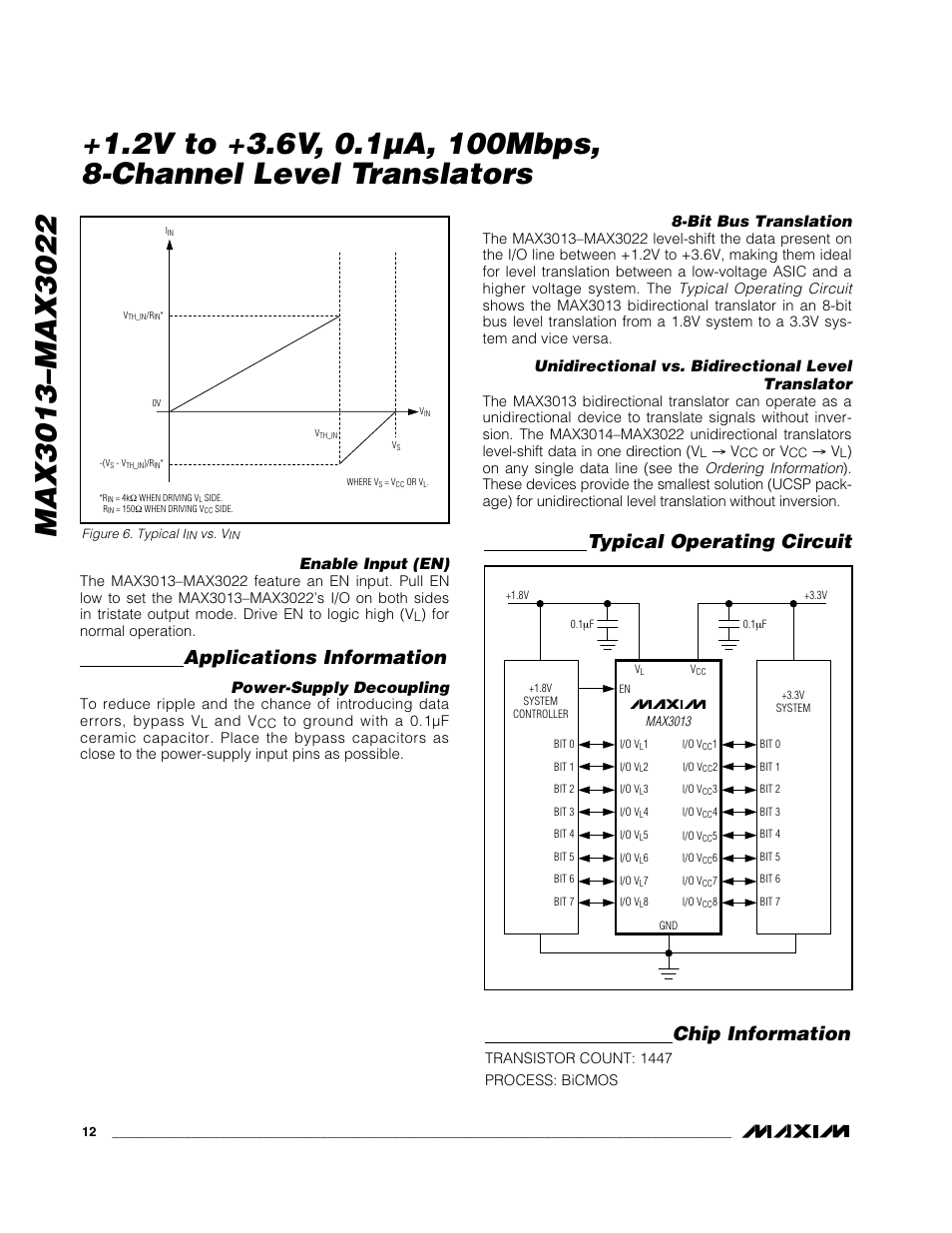 Applications information, Typical operating circuit chip information, Enable input (en) | Power-supply decoupling, Bit bus translation, Unidirectional vs. bidirectional level translator | Rainbow Electronics MAX3022 User Manual | Page 12 / 22