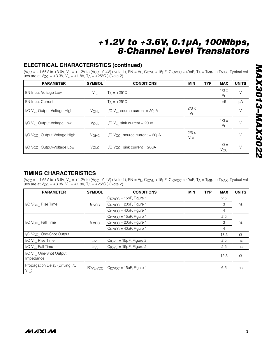 Electrical characteristics (continued), Timing characteristics | Rainbow Electronics MAX3022 User Manual | Page 3 / 22