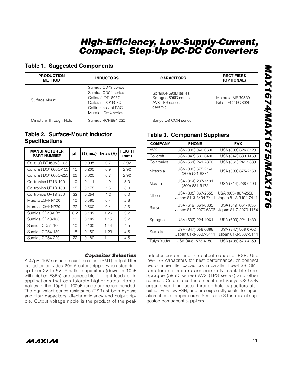 Table 3. component suppliers | Rainbow Electronics MAX1676 User Manual | Page 11 / 12