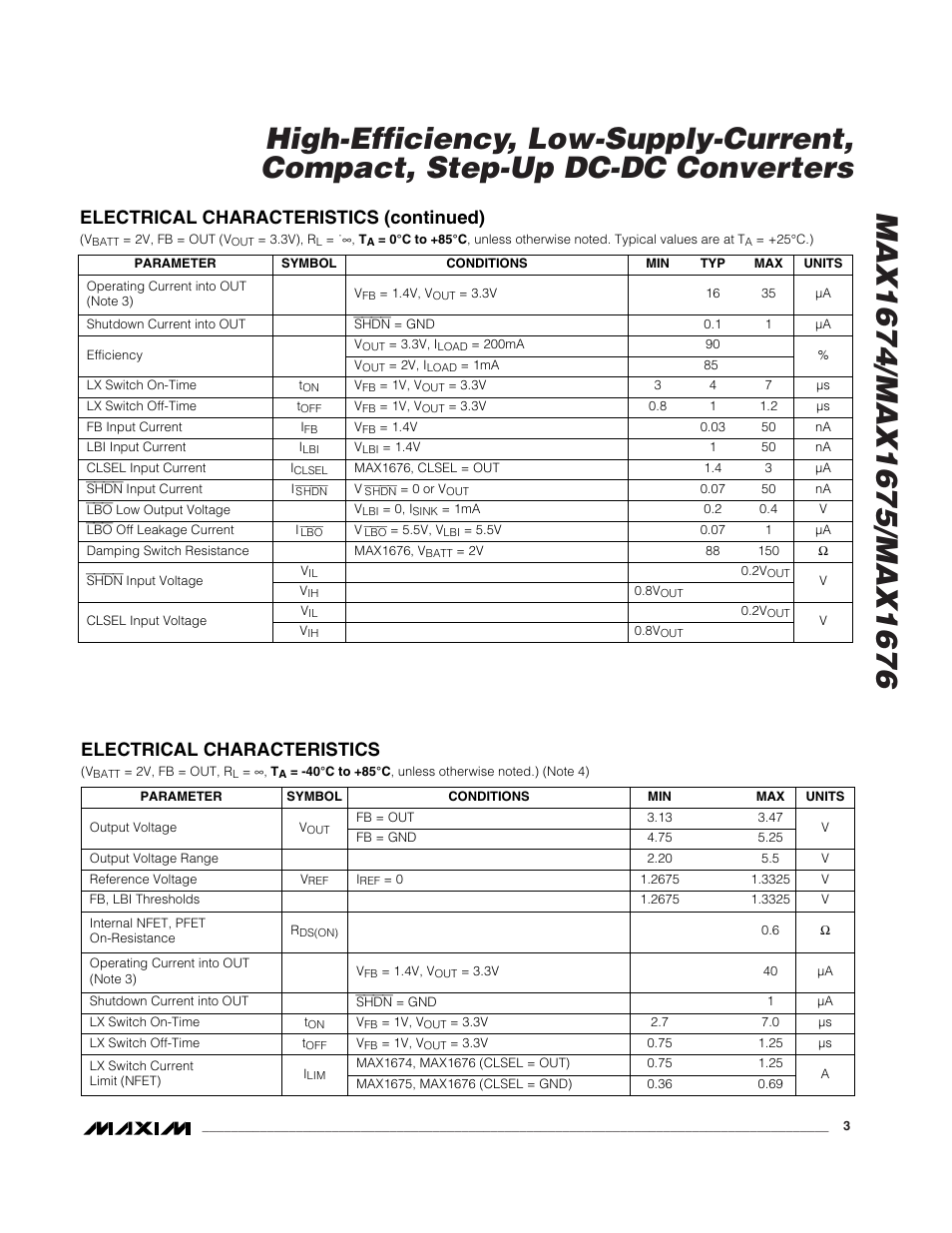 Electrical characteristics, Electrical characteristics (continued) | Rainbow Electronics MAX1676 User Manual | Page 3 / 12