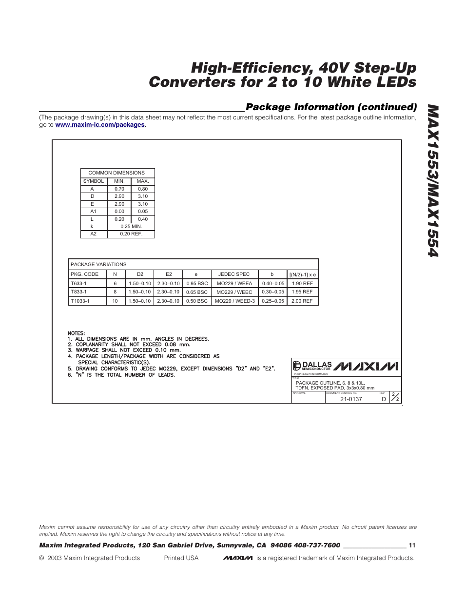 Package information (continued) | Rainbow Electronics MAX1554 User Manual | Page 11 / 11