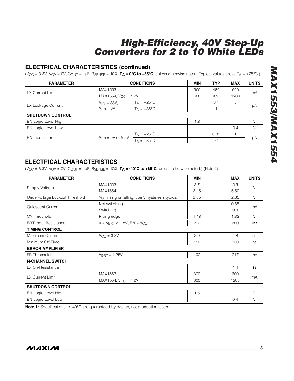 Electrical characteristics, Electrical characteristics (continued) | Rainbow Electronics MAX1554 User Manual | Page 3 / 11