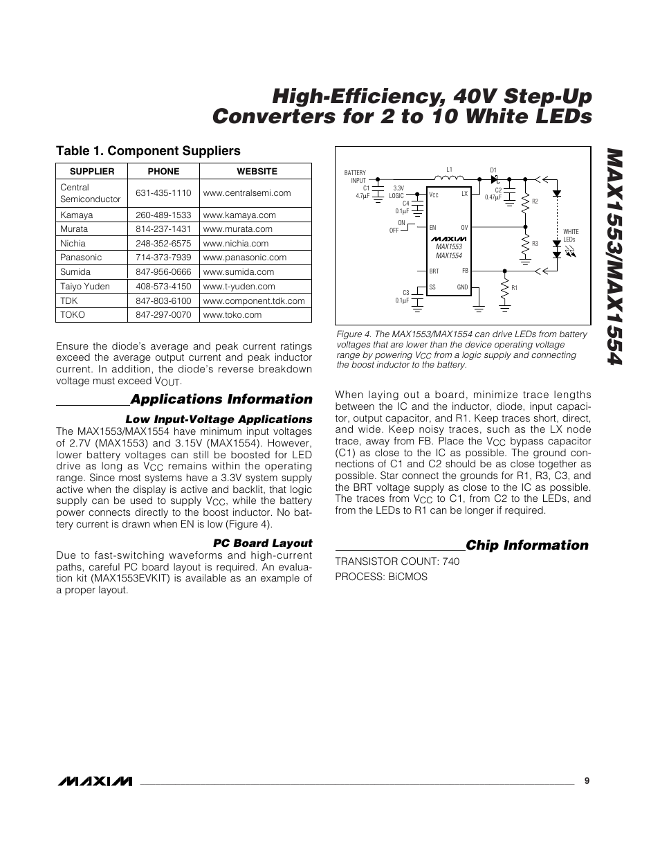 Applications information, Chip information, Table 1. component suppliers | Rainbow Electronics MAX1554 User Manual | Page 9 / 11